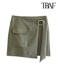 تنانير TRAF Women Fashion Patch Patch Pocket Wrap Mini Skirt خمر عالي الخصر مع حزام أنثى mujer