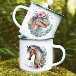 Muggar Dinosaur Horse Flower Print Emamel Mugg Creative Coffee Drinks Cup Camping Campfire Cups Hantera gåvor till barn Familjevän