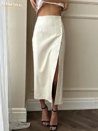 Skirts Clacive Vintage Beige Pu Leather Women'S 2024 Fashion High Waist Midi Skirt Elegant Chic Button Slit Female Clothes