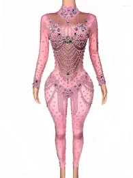 Stage Wear 2024 Arrival Pink Crystals Jumpsuit Bling Glass Diamond Skinny Elastic Bodysuit Christmas Celebrate Costume Performanc