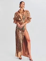 Work Dresses Autumn Women Sexy Gold Long Sleeve Sequins Two Piece Set Top Side Slit Skirts Suits Elegant Party Evening Club Sets