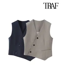 Women's Vests TRAF Women Fashion Asymmetric Front Button Waistcoat Vintage Sleeveless Back Tap Female Outerwear Chic Vest Tops