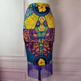 Saias moderadas saco de busto quadril saia longa indie floral moda africana cintura alta franja borda elegante impresso senhoras verão