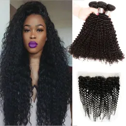 3 Bundles With 13X4 Lace Frontal Free Part Kinky Curly Peruvian Indian Brazilian Human Hair Extensions Natural Color 4 PCS/lot