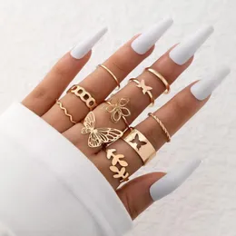 Cluster Rings Simple 10 Pcs Flower Butterfly Leaves Geometric Twisted Hollow Ring Set For Women Female Charm Party Wedding Jewelry Gift