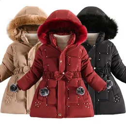 Inverno manter quente meninas jaqueta estilo longo chapéu destacável gola de pelúcia com capuz casaco para crianças 4-10 anos 240122