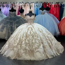 Glitter quinceanera Omuz Appliques Dantel Boncuklar 15 Kız Topu Resmi Gowns Tatlı 16 Elbise Dücel