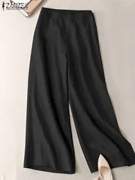 Kadın Pantolon Zanzea Moda Geniş Bacak Pantolon Kadın Düz Renk Pamuklu Ayak Bileği Uzunluk Pantolon Femme Sıradan Pantalon Vintage Elastik Palazzo