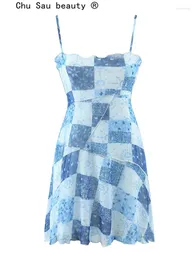 Casual Dresses 2024 Spring Summer Fashion Sexig Slim Woman Plaid Stitching Stretch Mesh Printed Strap Mini Dress Female