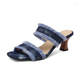 Slippers 2024 Summer Denim Fringe Edge One Line Sandals For Women In Europe And America Minimalist Color Matching