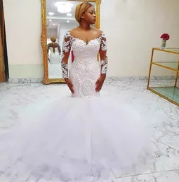 2024 Meerjungfrau Brautkleider 3D -Kristalle Perlen -Brautkleid Kapelle Zug Langarm Tüll Spitzenapplikationen PALLE MADE MADE MADE MADE MADE MADEL Vestidos de Novia 403