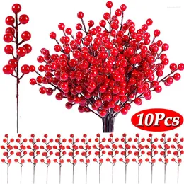 Flores decorativas 10/1 pçs artificial vermelho berry hastes picaretas de natal ramo azevinho para decorações de árvores diy grinalda artesanato