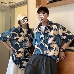 Mäns avslappnade skjortor män blå camisas hawaiian stil japansk sommar andas all-match par kläder harajuku stilig chic mode