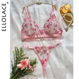 Set di reggiseni Ellolace Fairy Lingerie Floreale Bella biancheria intima Cuore trasparente Sensuale perizoma Tulle Fancy French Outfit