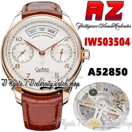 AZF az503504 Calendário anual Reserva de energia Relógio masculino A52850 Marcadores de número com mostrador branco automático 18K em ouro rosa com pulseira de couro 280k