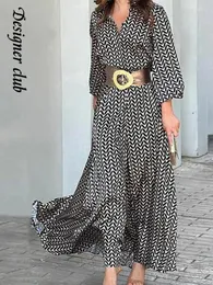 Casual Kleider Elegante Gedruckt Gürtel Frauen Bodycon Maxi Kleid Chic Revers Lange Laterne Ärmeln Hemd Robe 2024 Sommer Dame hohe Streetwear