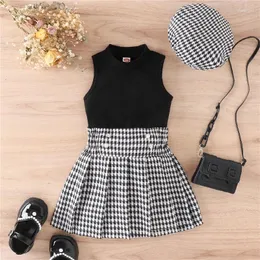 Clothing Sets Kids Girl Summer Outfits Solid Color Rib Knit Crew Neck Tank Tops Houndstooth Pleated Skirts Beret Cap 3Pcs Clothes Set