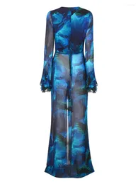 Casual Dresses Women Elegant Ruffle Long Sleeve High Split Flowy Beach Dress Summer Bikini Swimsuit Cover Up (Blue M)