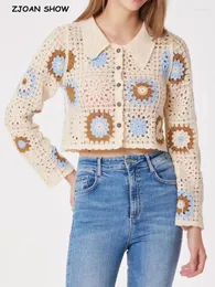 Women's Knits 2024 BOHO Geometric Flower Hand Made Crochet Cardigan Woman Lapel Full Sleeve Crop Sweater Center Button Knitwear Jumper