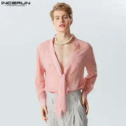 Camicie casual da uomo INCERUN Top 2024 Uomini stile americano Collo con nodo Maglia trasparente Party Solid Sexy Camicetta a maniche lunghe S-5XL