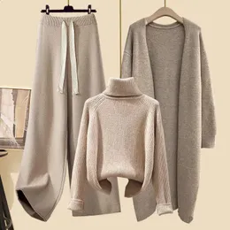 Autumn/Winter Set Long Cardigan Coatcnited Sweaterhigh midje breda benbyxor Casual Womens Three Piece Set 240127