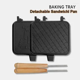 Pans Non-stick Sandwich Frying Pan Wood Handle Waffle Aluminum Alloy Bread BBQ Plate Toast Detachable Breakfast