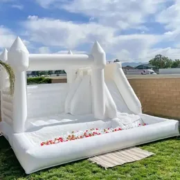 Bärbar vit uppblåsbar studshus med luftblåsare stor bollpool och hopputrymme 3in1 Bouncy Castle Combo 13x13ft för barn 240127