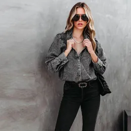 Bluzki damskie High Street Retro Denim Tops Kobiety jesienne swobodne luźne bluzka lapowa 2024 Kobieta pojedyncza piersi stałe biuro