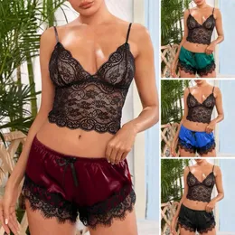 Women's Sleepwear 2Pcs/Set Women Sling Backless See-through Lace Vest Tops Elastic Waistband Smooth Satin Shorts Trim Bowknot Decor