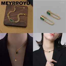 Necklace Earrings Set MEYRROYU Stainless Steel Punk Green Crystal Fashion Jewelry For Women Bracelet 2024 Trend Party Gift