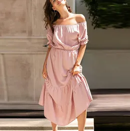 Casual Dresses V Neck Solid Spring Sundress Off Shoulder Elastic Waist Vacation Dress Bridesmaid Cocktail Party Long Vestidos