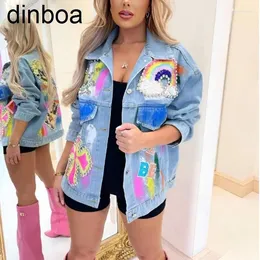 Kvinnorjackor Dinboa-2024 Överdimensionerade kvinnor High Street Fashion Design Rainbow Color Sequin Graffiti Jean Jacket denim outfit shacket