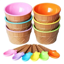 6Pcs Ice Cream Bowl Set Different Color Ice Cream Spoon Bowl Tableware Set Creative Children Cartoon Bowl 240130