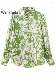 Kadın bluzları Willshela Kadın Moda Baskılı Tek Göğüslü Bluz Vintage Yakası Boyun Uzun Kollu Kadın Şık Bayan Gömlek