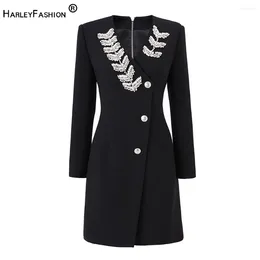 Casual Dresses Spring Autumn Collection pärlstav V-ringning Bling Stones Elegant Black Slim Midjen Formell Ol Women Dress