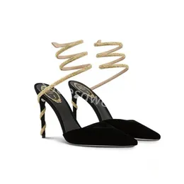 Rene Caovilla Margot Rhinestone Strap Velvet Velvet Pumps Snake Strass Stiletto Heels Women’s High Cheeled Luxury Luxury Shoes Wraparound Shoes with Box