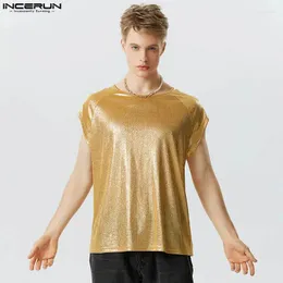 Männer Tank Tops INCERUN 2024 Amerikanischen Stil Männer Ärmellose Feste All-match Glitter Stoff Hemden Casual Männliche Samrt Glänzende bluse S-5XL