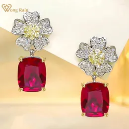 Kolczyki Dangle Wong Rain 925 Srebrny Kwiat 4 CT Lab Ruby Emerald High Carbon Diamond Stone Fine Women Drop Wedding Biżuteria