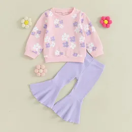 Kläderuppsättningar 2024-07-31 LIORITIIN 3M-4Y BABY GIRL Fall Outfits Långärmad blommig trycktryck Toppar Flare Pants Set Toddler Spring