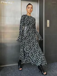 Casual Dresses Claceive Fashion Loose Print Women's 2024 Elegant O-Neck långärmad klänning Hög midjebandage Kvinna