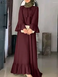 Roupas étnicas Zanzea Mulheres Ong Manga Ruffles Muçulmano Abaya Sundress Verão Maxi Vestido Vintage LRobe Femme Sólido Lace Up Vestido Eid