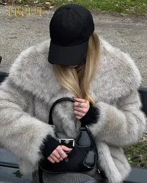 女性のための冬のファッション偽の毛皮のコートエレガントなターンダウンカラー長袖厚いジャケット秋シックレディプラッシュアウター240124