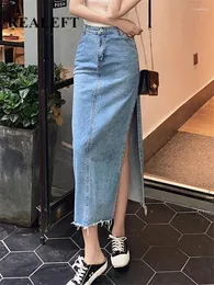 Etekler Realeft 2024 Yaz Kadın Denim Yan Bölünmüş Yüksek Wasit Jeans Uzun Düz Kadın Kalem Etek Bahar