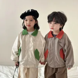 Giacche 2024 Primavera Bambini Patchwork di colori a contrasto Colletto rovesciato Cappotti casual larghi per ragazzi e ragazze