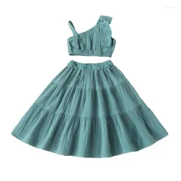 衣料品セットプドココ幼児の子供たちの女の子の女の子夏の服を着る一つの肩フリルキャミソールソリッドカラーAラインスカート2-7T