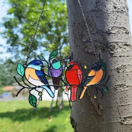 Estatuetas decorativas janela de vidro manchado pendurado pássaro pingente pássaros em um fio sinos de vento decoração para casa para presentes do dia das mães