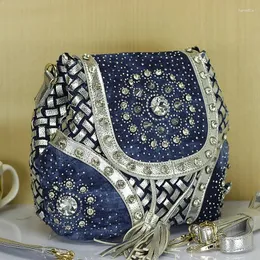 Kvällspåsar märke elegant strass mode kvinnor axelväska jeans casual damer denim handväskor kvinnlig tote mochila