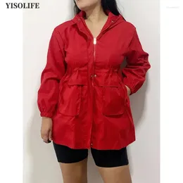 Jaquetas femininas YISOLIFE Jaqueta de manga comprida com capuz de comprimento médio Trench Coats Cintura Cordão Outerwear Corta-vento com zíper completo