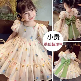 Flickaklänningar 2024 Girls Summer Dress Flowers Brodery Big Bow Kids Princess Birthday Children Vestidos kläder 2-14age