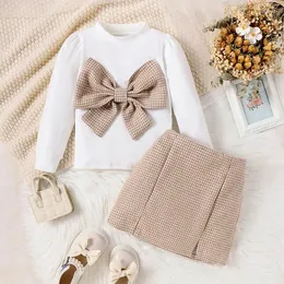 Kläderuppsättningar Citgeeautumn Kids Girls Outfits White Long Sleeve Bow Tops Solid kjol Fall kläder Spring Set